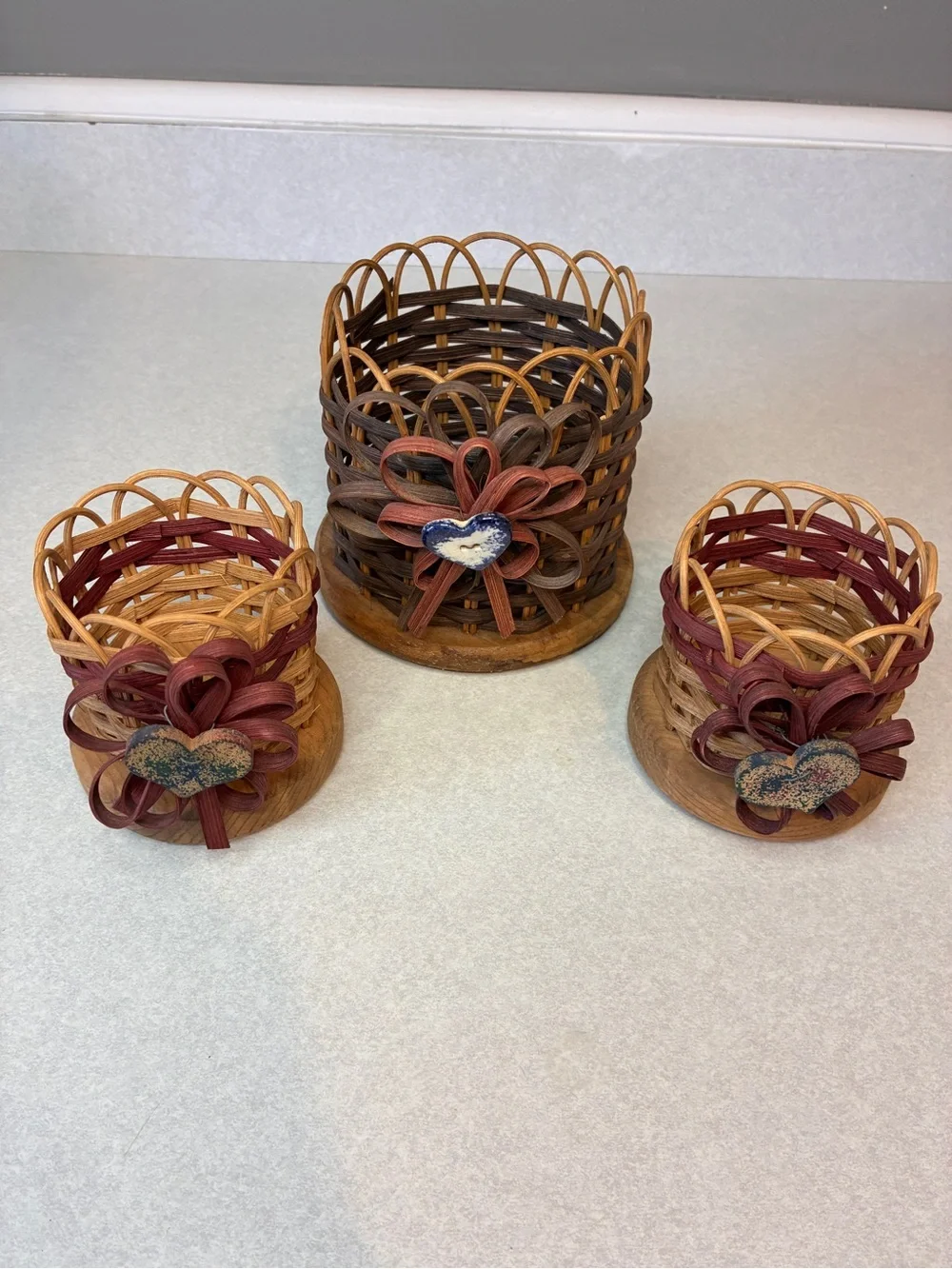 Vintage Woven Wicker Home Interiors Baskets/Candle Holder Set